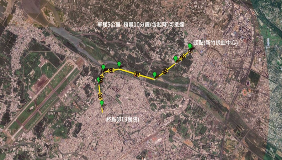 The demonstration route from Hsinchu Blood Center to Taoyuan Armed Forces General Hospital Hsinchu Branch