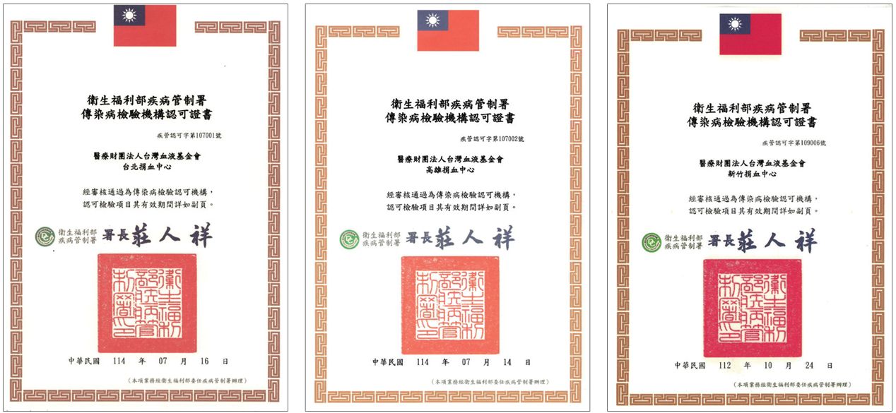 圖為衛生福利部疾管署傳染病檢驗機構認可證書